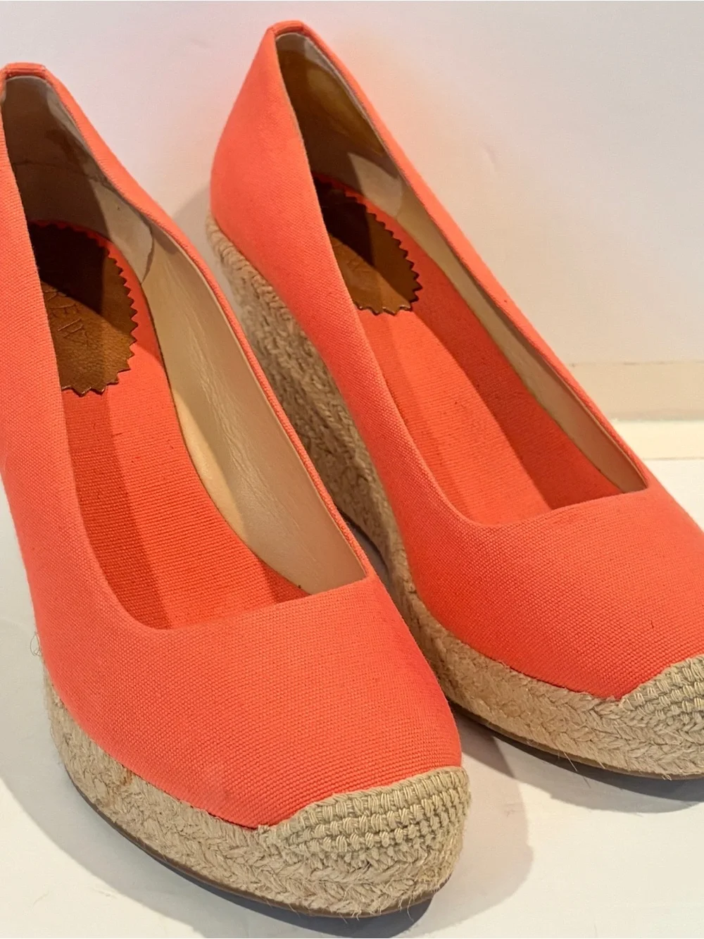 J Crew Seville Canvas Espadrille Wedges Neon Rose Coral Pink Jute Heels 9 Resort